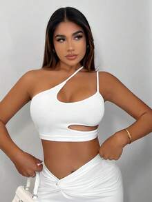 SHEIN SXY Plus Size Summer Sexy Hollow One-Shoulder Slim Fit Cropped Camisole - White - View 6