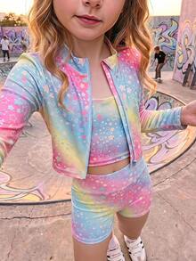 SHEIN 少女拉鍊前開襟圖案印花貼身運動套裝 - 彩色 - 查看 7