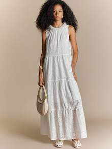 Écloséra Elegant Lacy Boho Sleeveless Ruffle Collar Multi-Layer Hem White Dress Spring Summer Autumn Winter Outing Festival Wear Wedding Picnic Vacation - White - View 4