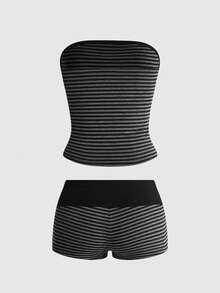 ROMWE Grunge Punk Summer Y2K Slogan Print Black & Gray Striped Fitted Tube Top & Folded Waist Ultra Low Waist Mini Shorts 2pcs Set - Black - View 2