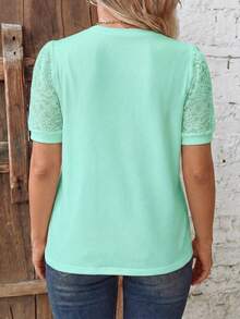 EMERY ROSE Women's Spring/Summer New Hot-Selling Lace Patchwork Design Casual Versatile Plus Size T-Shirt - Mint Green - View 2
