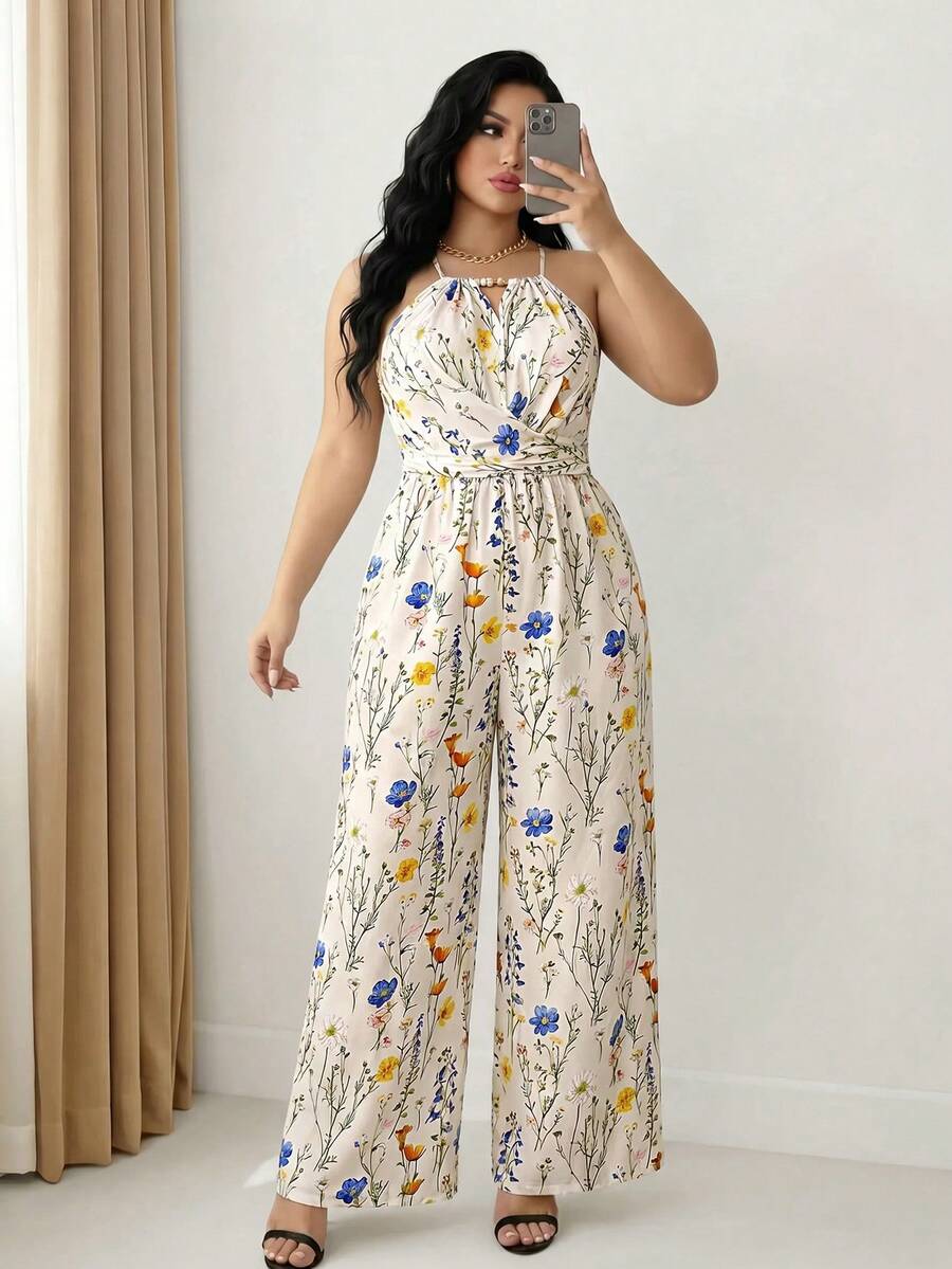 SHEIN Clasi 大尺碼女款優雅米色夏季連身褲,度假婚禮賓客百褶面料細肩帶珠飾腰部鈕扣與蝴蝶結設計,舞會約會穿搭 - 彩色 - 查看 1