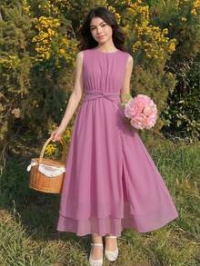 SHEIN Tween Girls Elegant Back To School Party Summer Dusty Pink Chiffon Rnd Neck Twisted Waist Dress Sixth Form,Graduation,Party - Dusty Pink - View 3