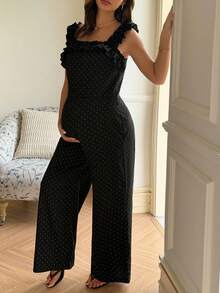 Dazy Maternity 波點優雅修身無袖荷葉邊拼接日常穿著孕婦連身褲 夏季 - 黑色 - 查看 7