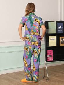 Chillnights Young Fashion Vibrant Fun Leopard & Tropical Plant Print Collared Button-Front Women's Pajama Set - Multicolor - View 2