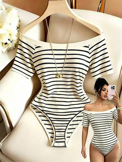 Elenzga Elegant Casual Striped V-Neck Bodysuit, Summer Vacation Bodysuit, Daily Casual Vacation Bodysuit