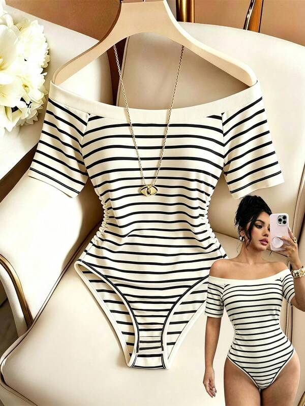 Elenzga Elegant Casual Striped V-Neck Bodysuit, Summer Vacation Bodysuit, Daily Casual Vacation Bodysuit