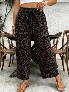 SHEIN PETITE CURVE 大尺碼女款豹紋腰綁帶寬腿寬鬆長褲 - 棕色 - 查看 7