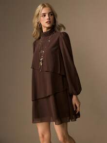 COSMINA Women Brown Boho Ruffle Tiered Mini Dress, Long Sleeve Lantern Sleeve Bohemian Dress, Flowy Dress - Brown - View 4