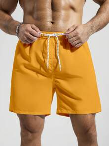 Manfinity KASUA Men's Solid Color Drawstring Waist Pocket Casual Beach Shorts - Yellow - View 5