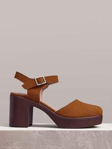 Styleloop Back Strap Thick Heel Sandals Women, Round Toe High Heels, Retro Versatile Commuter Toe Guards Women's Shoes - Brown - View 2