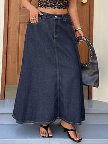 Dazy Plus Rok Denim Vintage Panjang Model A-Line Biru Tua Ukuran Plus untuk Wanita, Musim Semi, Musim Panas, dan Musim Gugur. - Dark Wash - View 6