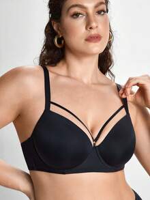 Slumbrini Sujetador sólido con diseño hueco y sujetador inalámbrico para mujer de talla grande, con efecto de elevación - Negro - Ver 8
