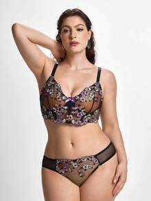 Slumbrini 2 件大码女式撞色刺绣性感内衣套装 - 黑色 - 查看 3