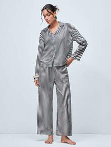Softvol 两件套女士宽松舒适透气长袖上衣和长裤睡衣套装，可爱家居服 - 黑色 - 查看 6