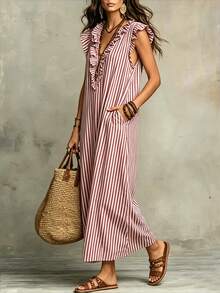 SHEIN Franclia 女款休閒條紋荷葉邊下擺度假洋裝 - 紅色 - 查看 4
