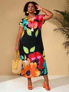 BrightlyHer Damen Große Größen Blume Muster Lässig Urlaubs Sommerkleid - Schwarz - Übersicht 4