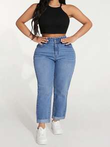 Jeanoix Plus Size Comfortable Versatile Button Pocket Denim Jeans For Daily Wear - Medium Wash - View 4
