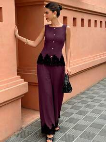 Flora Isola Flora Isola Women's Standard Size Spring/Summer Lace Patchwork Slim Fit Sleeveless Casual Vacation Set - Burgundy - View 5