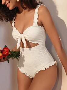 Swim Mod Women's Floral Embroidered Pattern Ruched One-Piece Swimsuit, Suitable For Beach Vacation, Pool Party, Beach Party - Pale Yellow - View 3