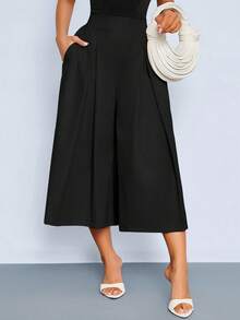 SOLERSUN Women's High Waist Capri Pants With Pockets, Pleated Wide Leg Cropped Trousers, Casual Classy Elegant Chic Summer Workwear Party Black - Black - View 4