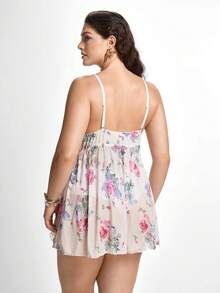 Slumbrini Plus Floral Print Contrast Lace Bow Front Cami Pajama Nightdress - Beige - View 2