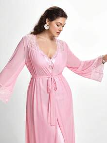 Slumbrini Set de 2 piezas de bata y camisón de pijama con parches de encaje de lujo, talla grande - Rosa - Ver 7
