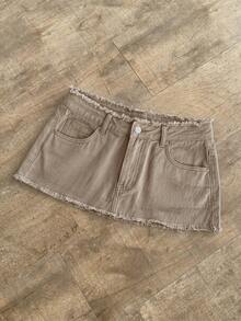 Elamini Distressed Ultra Low Waist Denim Mini Skirt - Khaki - View 3