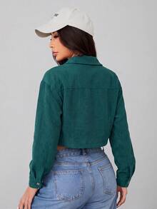 SHEIN PETITE Spring Outfits Drop Shoulder Flap Detail Crop Corduroy Black Jacket In Fall/Winter - Green - View 2