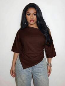 Slaydiva Plus Size Women Solid Color Pleated Casual Versatile Everyday T-Shirt Formal Chocolate Brown Summer - Rust Brown - View 7