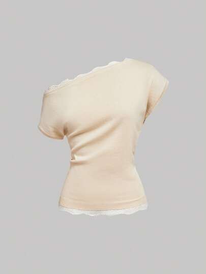 SHEIN MOD Damstickad topp med fransk spets, patchwork och asymmetrisk axel