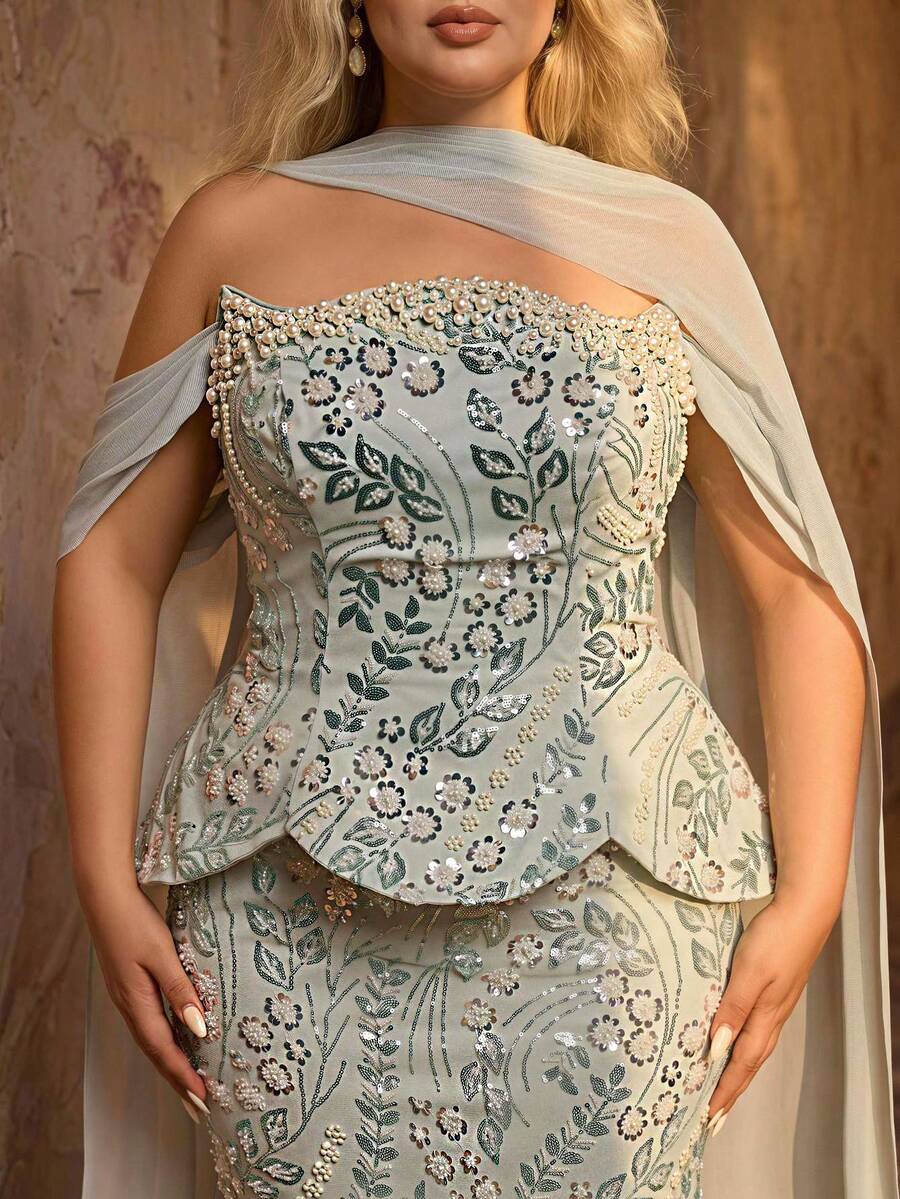 Glamrae Plus Size Elegant Classy Formal Luxurious Dusty Blue Cold Shoulder Hanging Sleeve 3D Floral Bead Sequin Lace Sexy Mermaid Evening Dress Wedding Winter