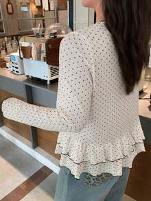 Dazy Plus Plus Size Women's Round Neck Polka Dot Sheer Top, Summer & Autumn New Arrival Long Sleeve Cute Tops Vacation - White - View 5