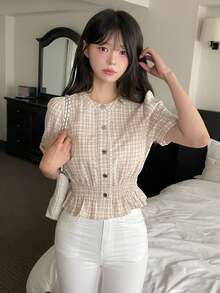 DAZY 女款韓式修身優雅夏季牛仔上衣 - 卡其色 - 查看 2
