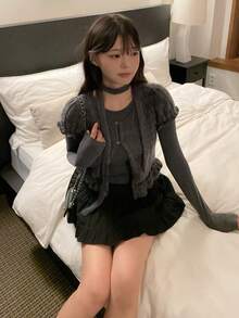DAZY Women's Korean Style Solid Color Camisole & Long Sleeve Top 2 Pieces Set School Lounge Sets For Women - Grey - View 5