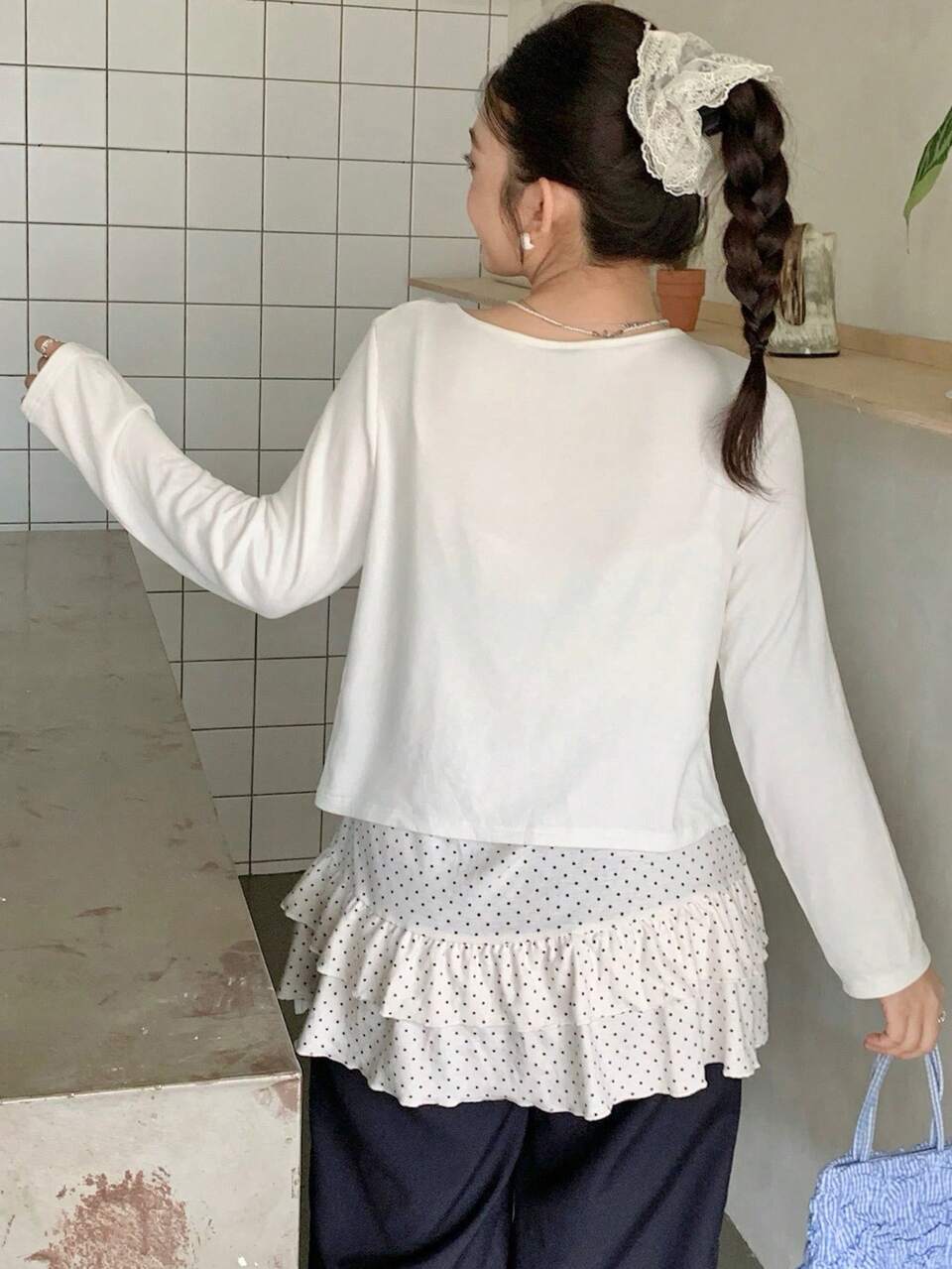 Dazy Plus Solid Color Casual Long Sleeve Tie-Front Cardigan With Fashionable Small Polka Dot Patchwork And Frill Trim, Long Camisole, 2 Pieces Set For Spring, Summer, Autumn Cute Tops