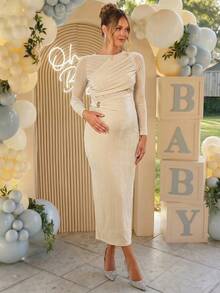 Loomaby Maternity Solid Color Pleated Metal Decor Casual Party Babyshower Photoshoot Travel Dress Gender Reveal Wedding Birthday Autumn - Khaki - View 13