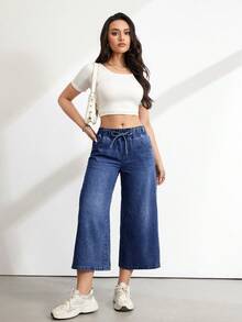 SHEIN Tall Tall Women's Waist Tie Pocket Wide Leg Loose Cropped Navy Blue Jeans Travel Summer Casual - Dark Wash - View 5