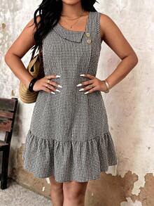SHEIN LUNE Plus Size Minimalist Plaid Colorblock Ruffle Hem Dress - Black - View 5