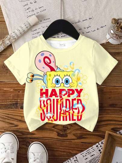 SpongeBob SquarePants | SHEIN Young Girl Cute Cartoon Print Round Neck Short Sleeve T-Shirt