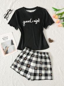 SHEIN 兒童青少年女孩睡衣 2件/套 春夏新款可愛格紋與愛心印花圓領T恤與短褲居家服套裝，舒適休閒睡衣 - 黑與白 - 查看 4
