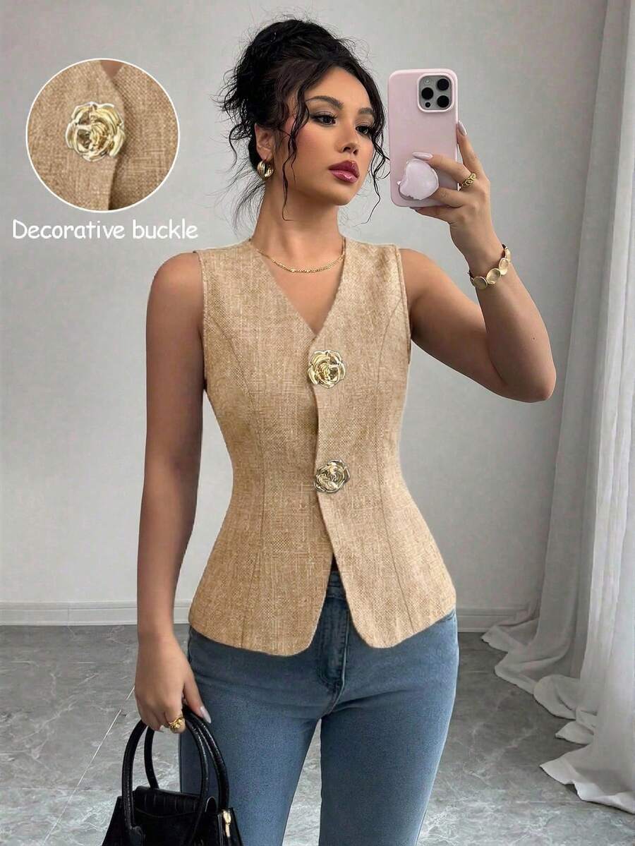 SHEIN Raffinéa 女款V領修身前襟金色玫瑰鈕扣裝飾外套背心 - 黃色 - 查看 1