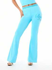 BABYPHAT Turquoise Lace Trim Low Rise Flare Leg Leggings With Bohemian Design Perfect For Spring Summer Casual Fashion - Blue - View 5