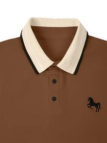 Calvornis Men's Beaded Ribbed Collar Embroidered Short Sleeve Casual Polo Shirt - Rust Brown - View 4