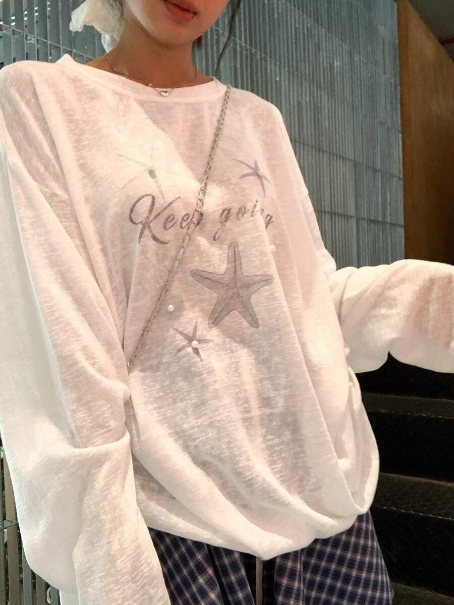 DAZY Women's Round Neck Loose Long Sleeve Printed Semi-Sheer Vacation Style Pullover T-Shirt Summer School Graphic Tees Cute Tops - White - View 1