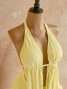 Soleia 2pcs Set:Textured Knit Halter Neck Asymmetric Hem Top + Low Waist Layered Ruffle Hem Skirt,Pale Yellow Summer Casual Beach Holiday Vacation Holiday - Pale Yellow - View 6