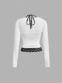 SHEIN MOD Blusa elegante para mujer de manga larga con lunares, cuello halter, superposición, cruzada y lazo lateral, blusas para mujer para fiesta, tops de manga larga para mujer - Blanco y Negro - Ver 3