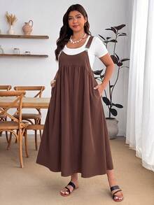 Enliva Plus Size Loose Black Strap Dress - Brown - View 4