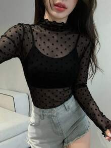 FRIFUL Women's Polka Dot Print Mesh Long Sleeve Top With Stand Collar - Black - View 11
