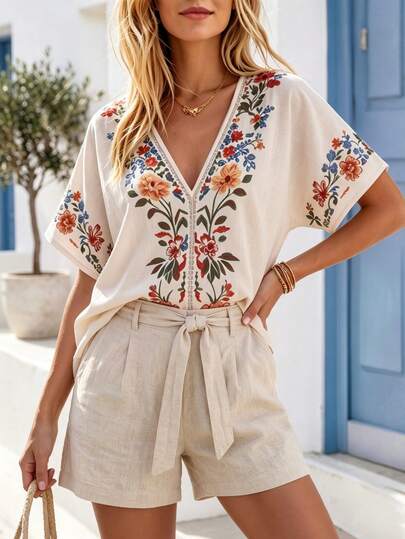 SHEIN Holidaya Women's Bohemian Vacation Style Deep V-Neck Shoulder Sleeve Floral Print Top, Casual Holiday Wear, Apricot Color